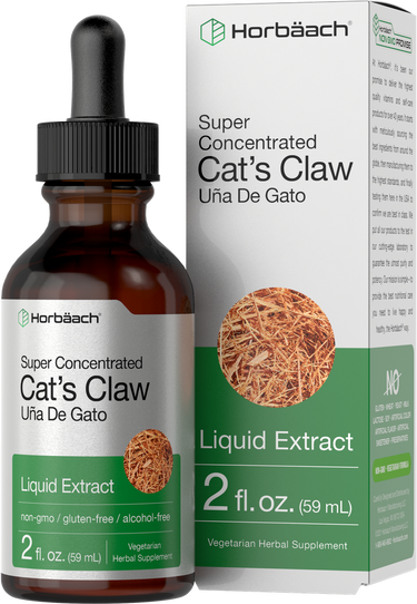 View 1 Horbaach Cat's Claw liquid extract bottle and packaging on a white background