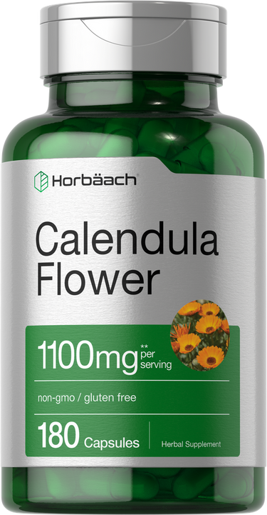 View 1 Green supplement bottle labeled 'Calendula Flower' with Horbaach branding on a white background