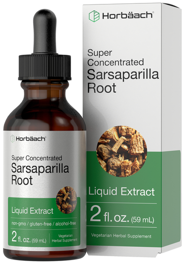 Horbäach Sarsaparilla Root liquid extract bottle and packaging on a white background