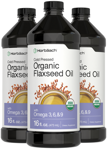 View 1 Three bottles of Horbaach Organic Flaxseed Oil on a white background