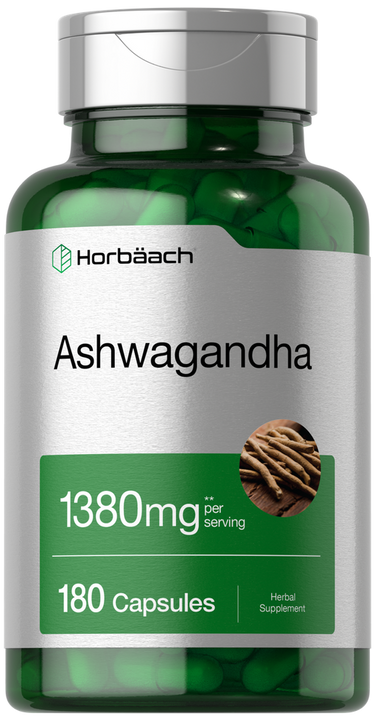 View 1 Green supplement bottle labeled 'Ashwagandha' with Horbaach branding on a white background