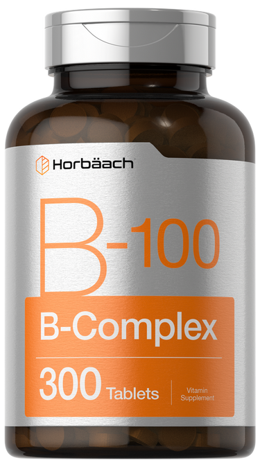 B-100 B-Complex supplement bottle with Horbaach branding on a white background