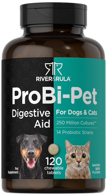 ProBi-Pet digestive aid supplement bottle for dogs and cats with River & Rula branding.