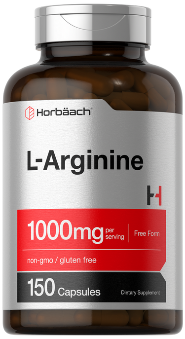 Bottle of Horbaach L-Arginine capsules with a silver cap and label.