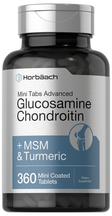 View 1 Supplement bottle labeled 'Horbaach Glucosamine Chondroitin + MSM & Turmeric' on a white background