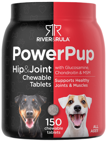 View 1 River & Rula PowerPup Hip & Joint Chewable Tablets packaging with two dogs on a black and red background.