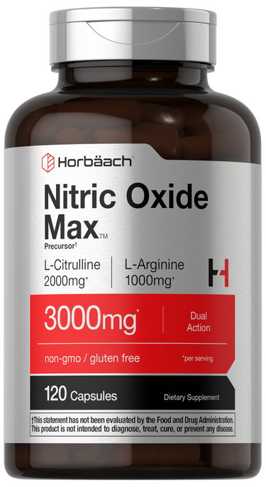 View 1 Supplement bottle labeled 'Nitric Oxide Max' by Horbaach on a white background