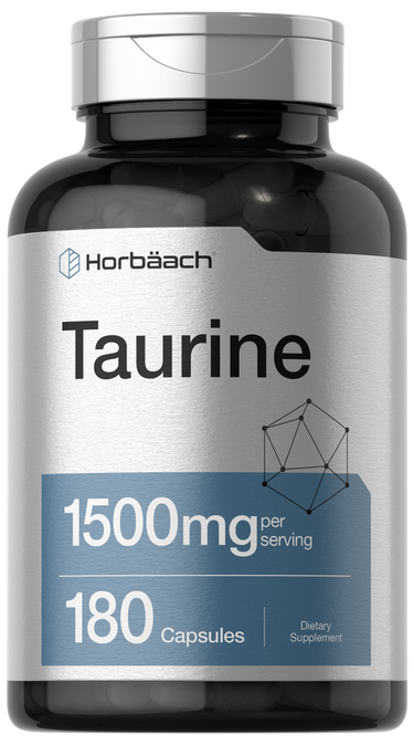 View 1 Supplement bottle labeled 'Taurine' with 'Horbaach' branding on a white background
