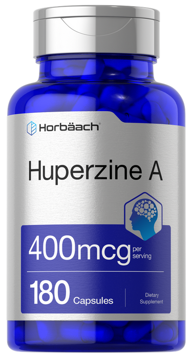View 1 Blue supplement bottle labeled 'Huperzine A' with 'Horbaach' branding on a white background.
