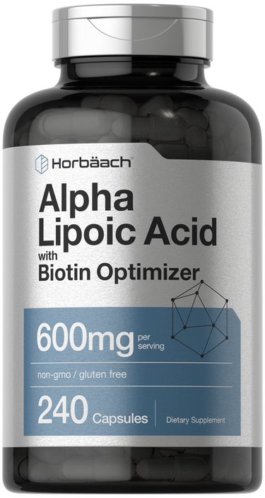 Supplement bottle labeled 'Alpha Lipoic Acid with Biotin Optimizer' by Horbaach on a black background.