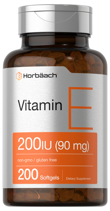 View 1 Horbaach Vitamin E supplement bottle with brown cap on a white background
