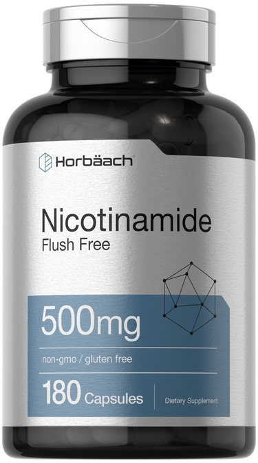 View 1 Supplement bottle labeled 'Nicotinamide' with 'Horbaach' branding on a white background