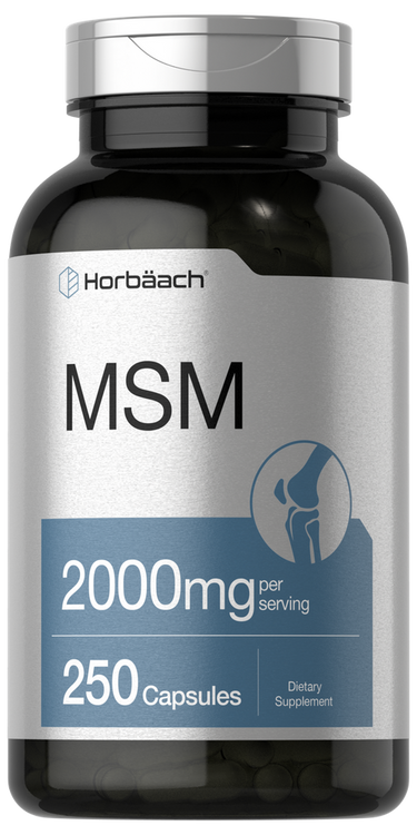 View 1 Bottle of Horbaach MSM supplement with 2000mg per serving and 250 capsules on a white background.