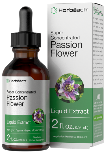 View 1 Horbäach Super Concentrated Passion Flower Liquid Extract bottle and packaging on a white background