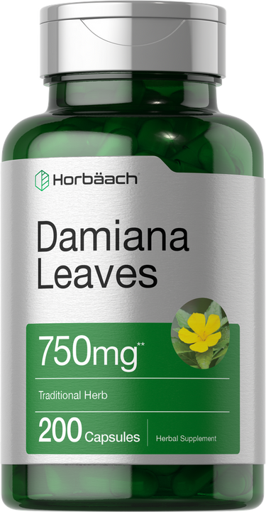 View 1 Bottle of Horbaach Damiana Leaves supplement with green and silver design.