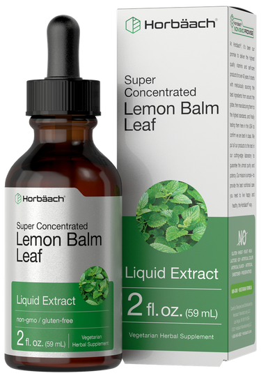 Horbäach Lemon Balm Leaf Liquid Extract bottle and packaging on a white background