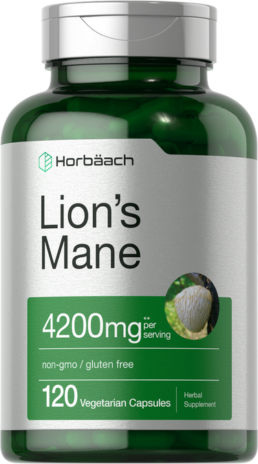 View 1 Supplement bottle labeled 'Lion's Mane' with green and white design.