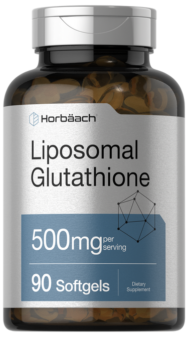 Bottle of Liposomal Glutathione supplement with label showing brand name and product details.