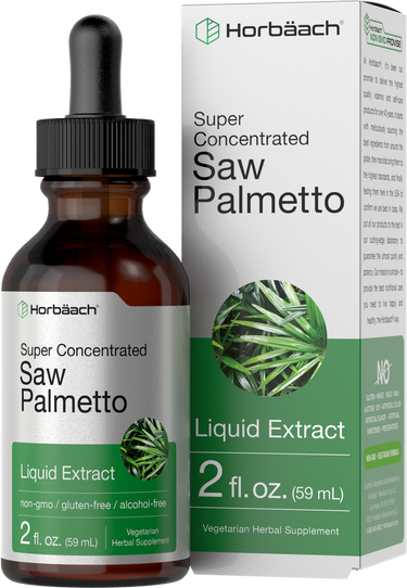 View 1 Horbaach Super Concentrated Saw Palmetto Liquid Extract bottle and packaging.