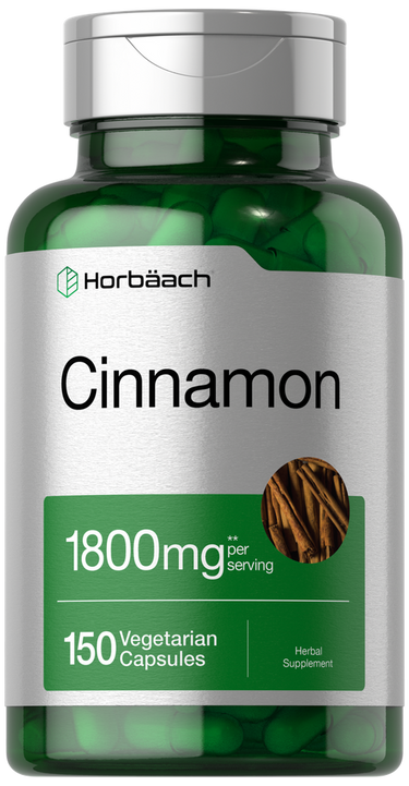 View 1 Green supplement bottle labeled 'Cinnamon' with Horbaach branding on a white background