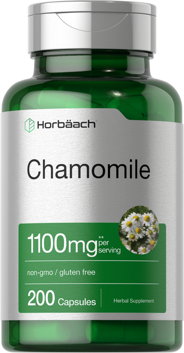 Green supplement bottle labeled 'Chamomile' with Horbaach branding on a white background