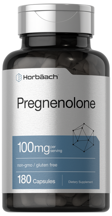 View 1 Supplement bottle labeled 'Pregnenolone' by Horbaach on a white background