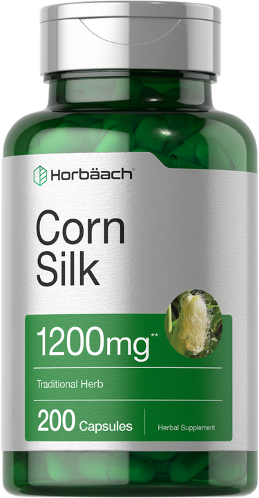 View 1 Green supplement bottle labeled 'Corn Silk' with Horbaach branding on a white background