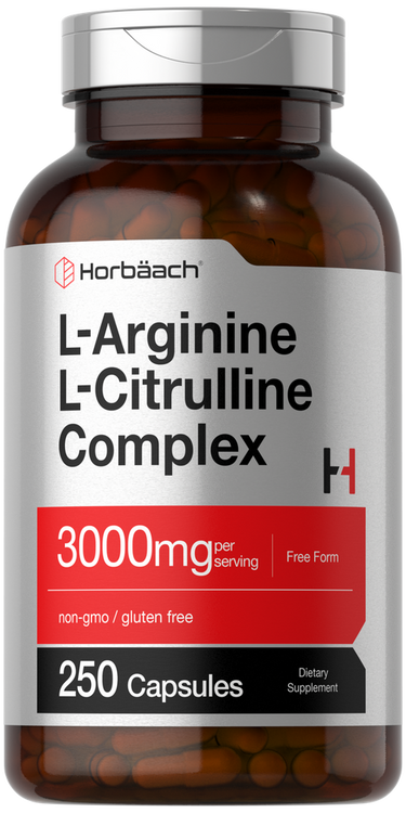 View 1 Supplement bottle of L-Arginine L-Citrulline Complex with Horbaach branding on a white background