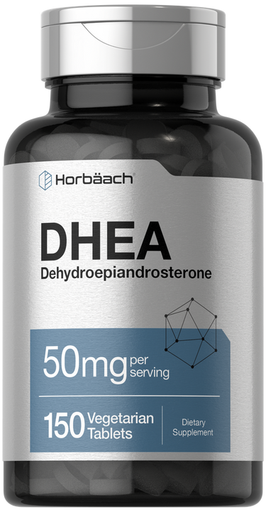 View 1 Horbaach DHEA supplement bottle with label on a white background