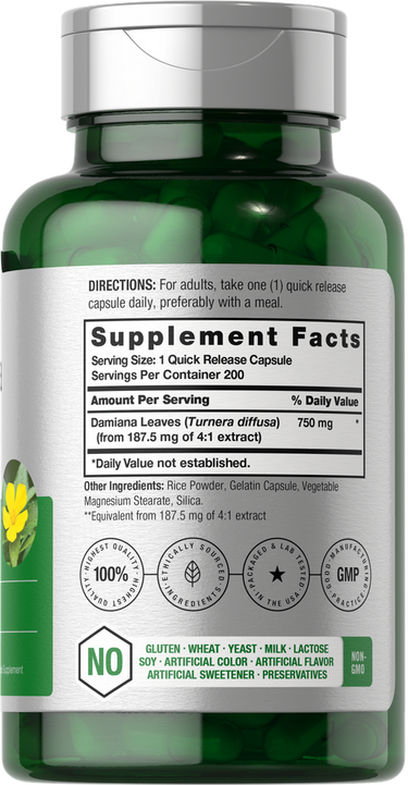 View 2 Hoja de Damiana 750mg | 200 Cápsulas