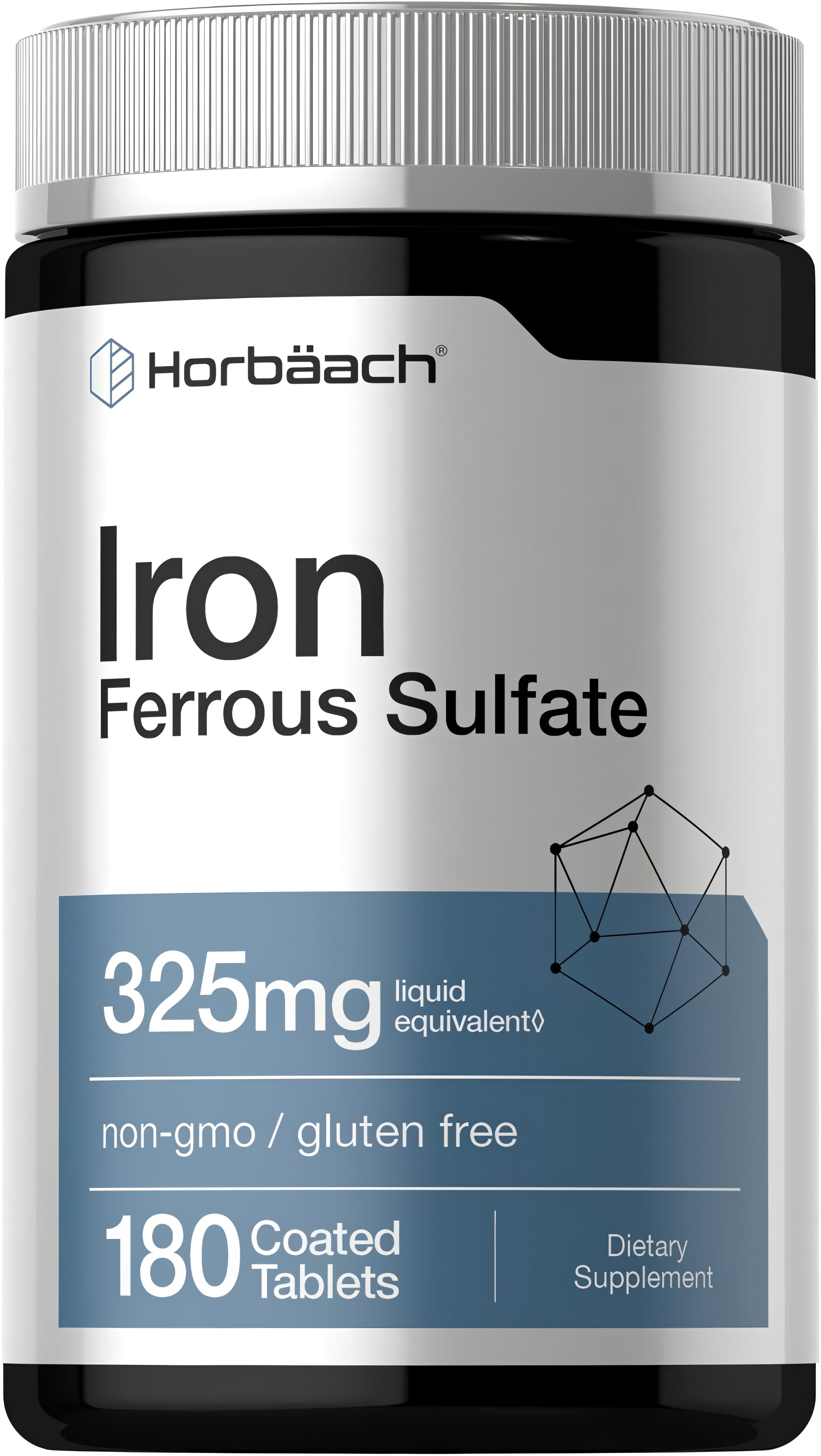 Horbäach Iron Ferrous Sulfate 325mg liquid equivalent 180 coated tablets; non-GMO and gluten-free dietary supplement.