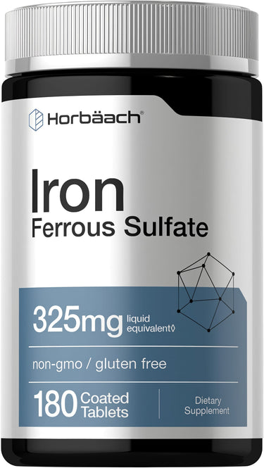 View 1 Horbäach Iron Ferrous Sulfate 325mg liquid equivalent 180 coated tablets; non-GMO and gluten-free dietary supplement.