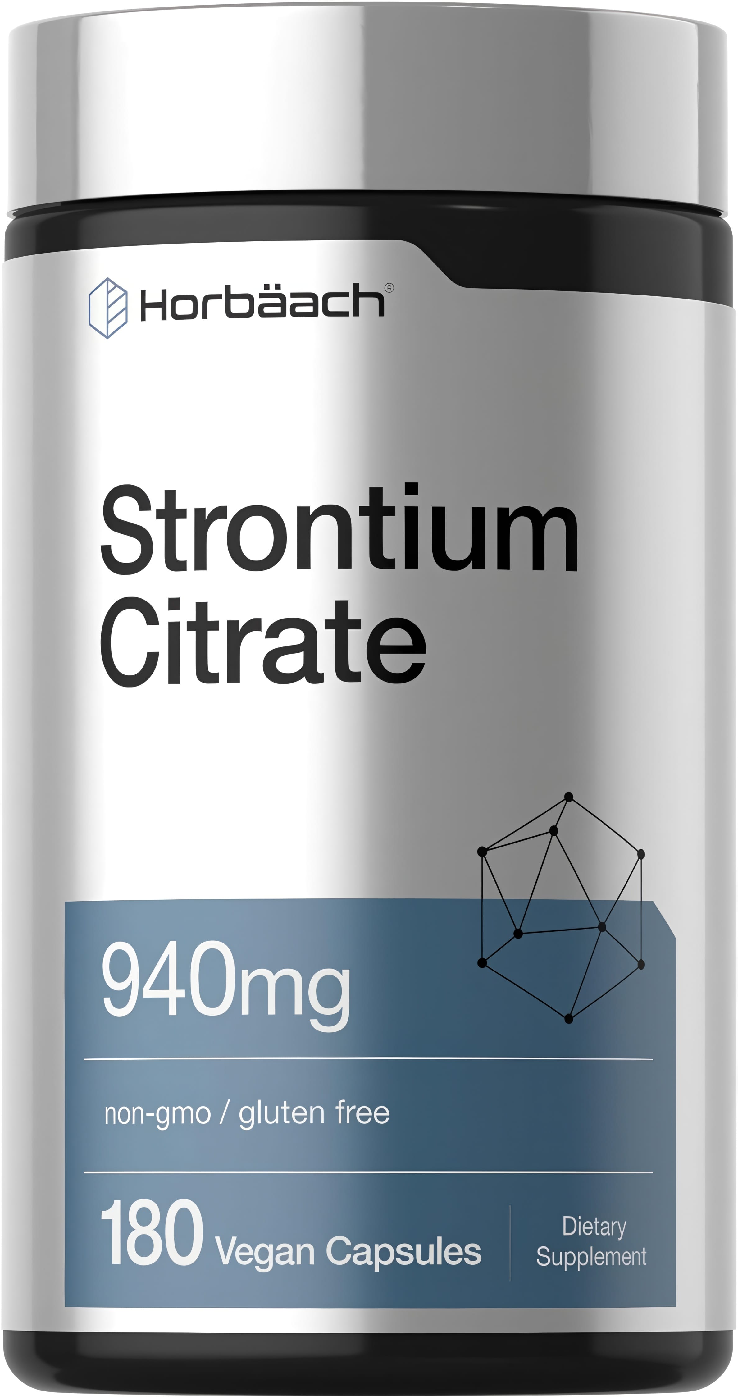 Strontium Citrate 940mg, 180 vegan capsules, non-GMO, gluten-free dietary supplement.