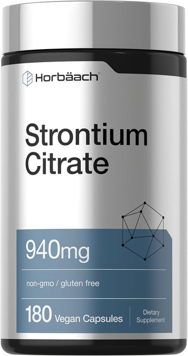 View 1 Strontium Citrate 940mg, 180 vegan capsules, non-GMO, gluten-free dietary supplement.