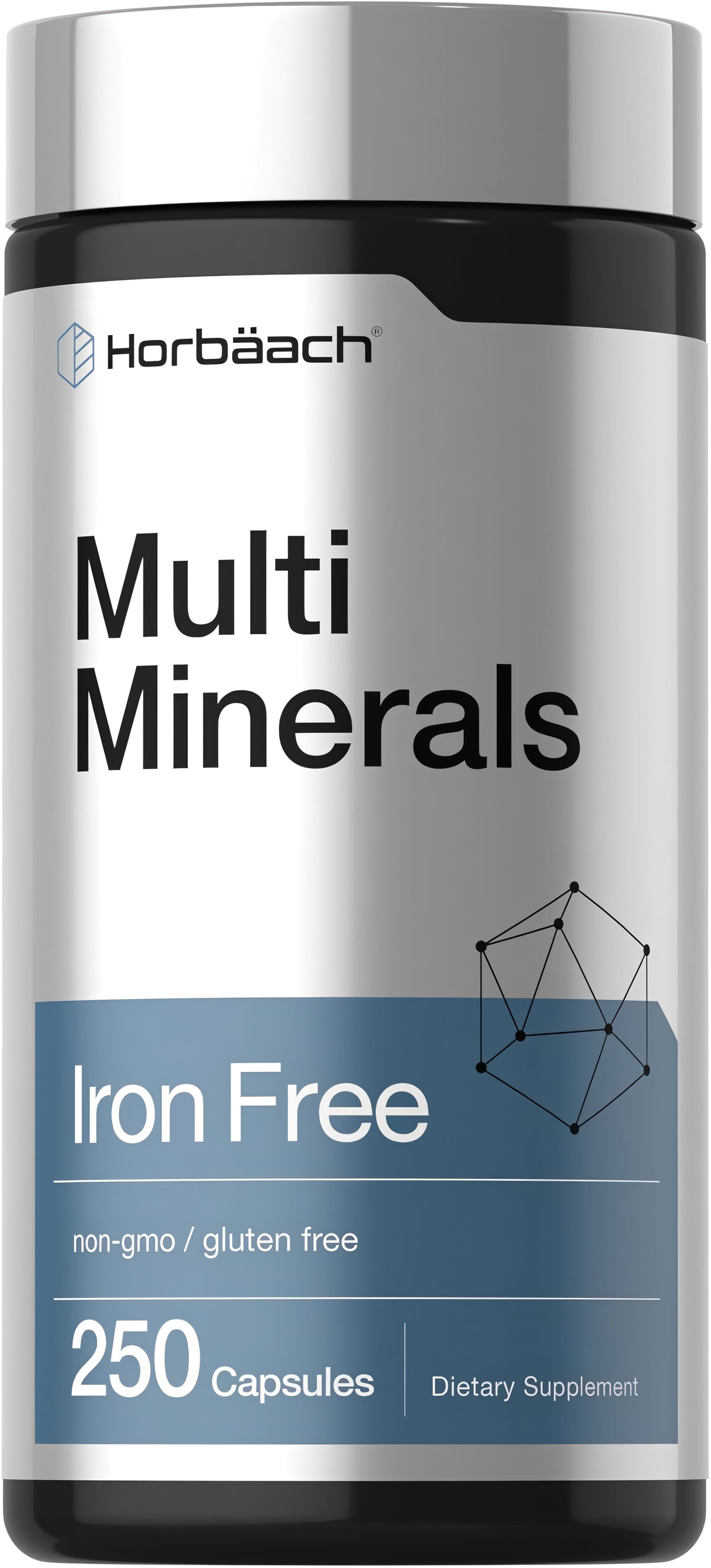 Multi Minerals Iron Free 250 capsules bottle, a dietary supplement for overall health and wellness.
