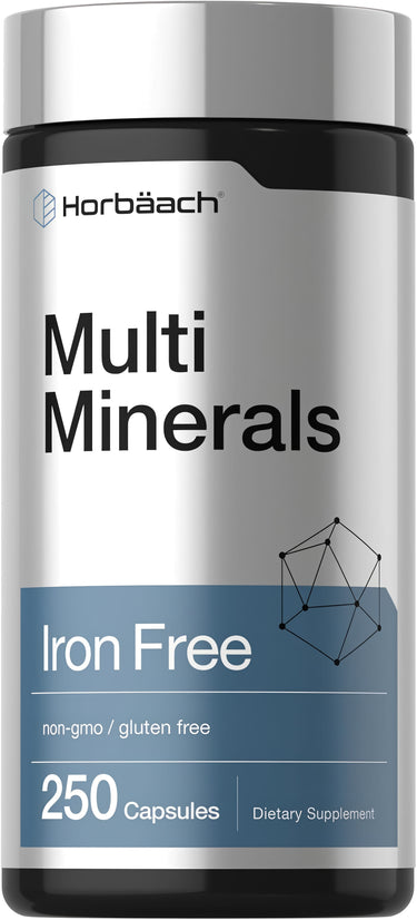 View 1 Multi Minerals Iron Free 250 capsules bottle, a dietary supplement for overall health and wellness.