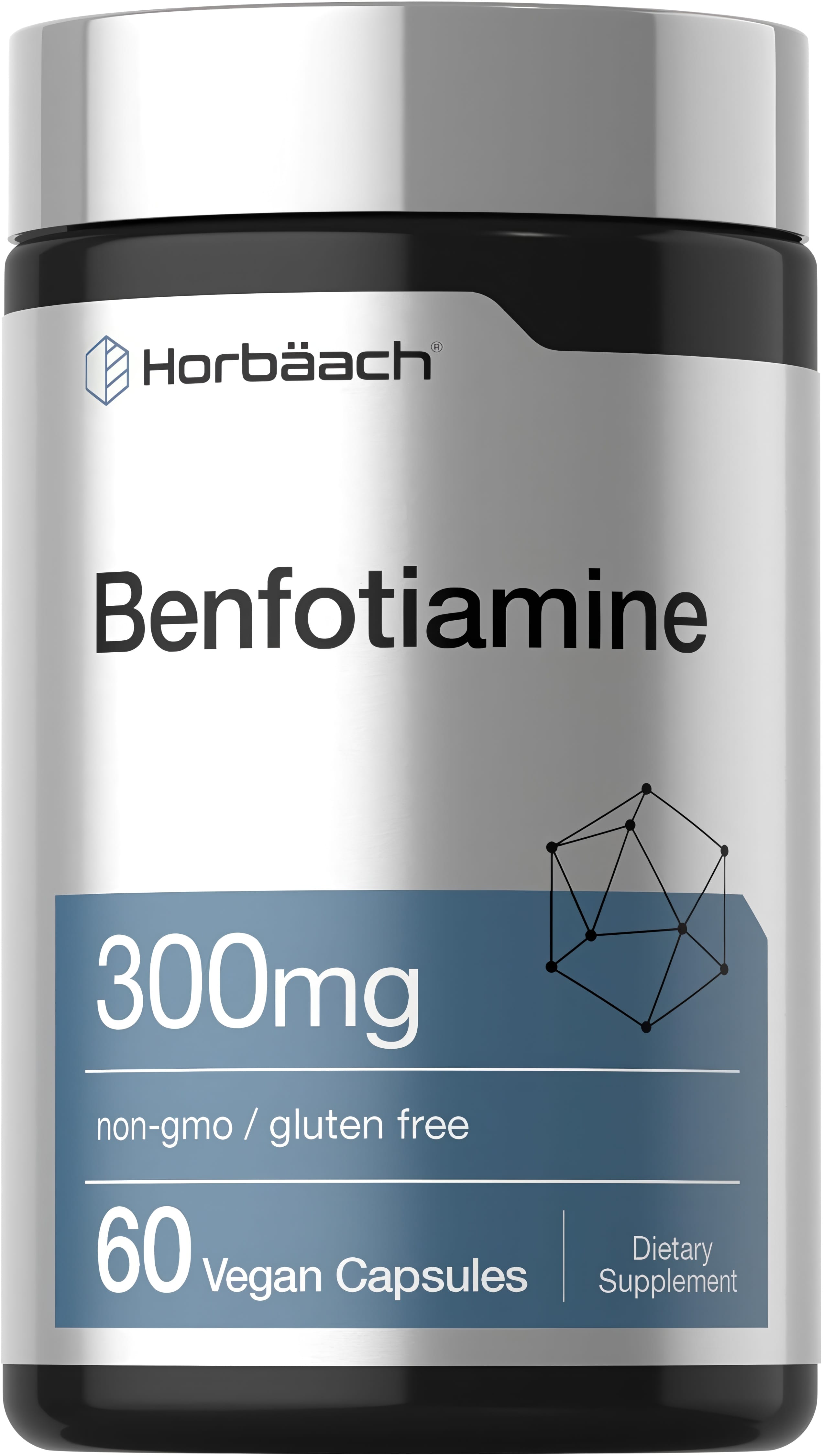 Horbäach Benfotiamine 300mg, 60 vegan capsules, non-GMO and gluten-free dietary supplement.