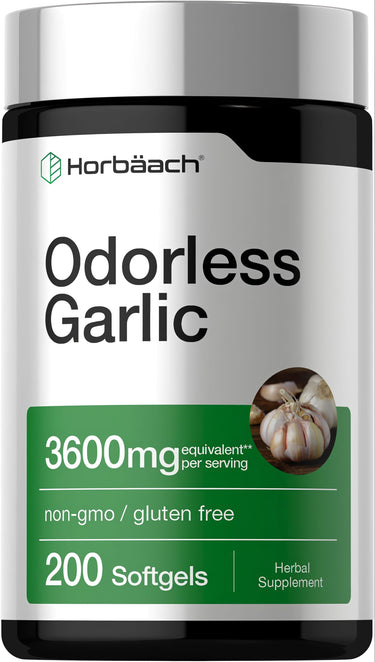 View 1 Horbäach Odorless Garlic, 3600mg per serving, 200 Softgels. Non-GMO, gluten-free Herbal Supplement.