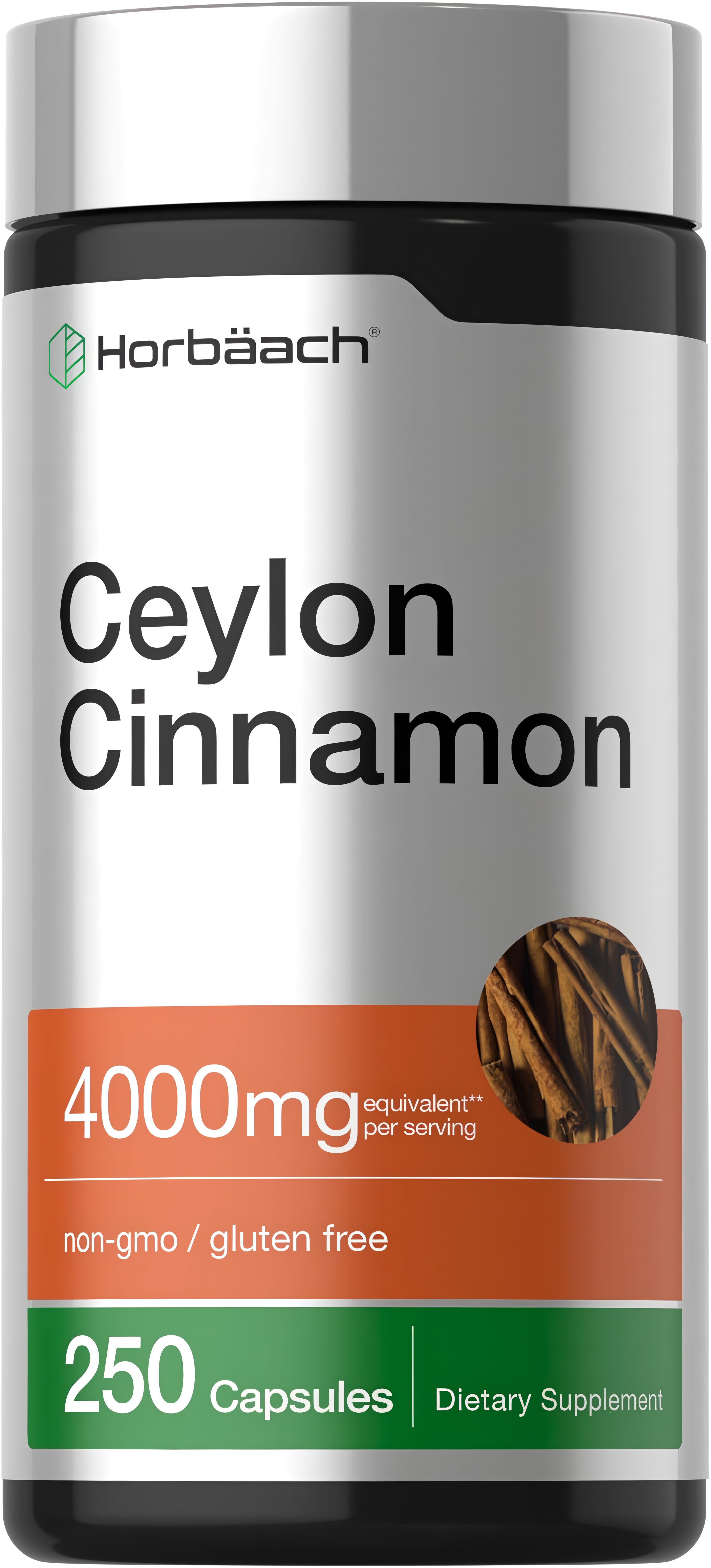 Horbäach Ceylon Cinnamon 4000mg per serving, 250 capsules, non-GMO, gluten-free dietary supplement.