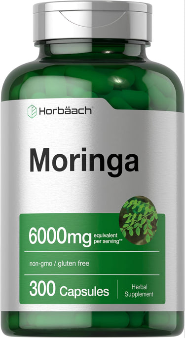 View 1 Horbäach Moringa 6000mg per serving, non-GMO, gluten-free, 300 capsules herbal supplement.