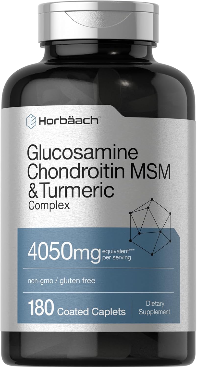 Glucosamine Chondroitin MSM & Turmeric Complex, 4050mg per serving. Includes 180 coated caplets, non-gmo and gluten-free.