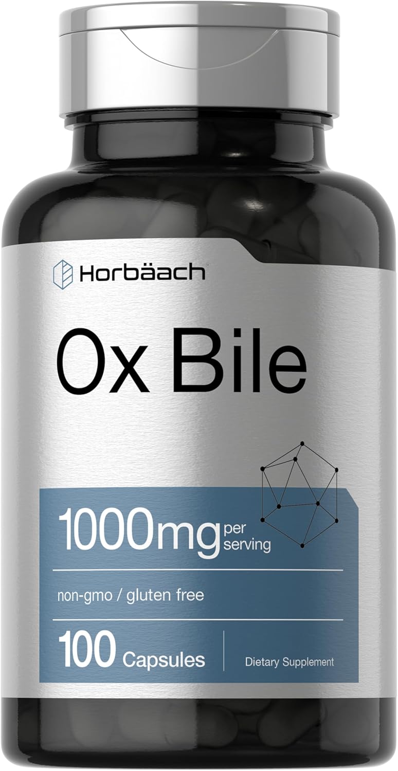 Ox Bile dietary supplement, 100 capsules, 1000mg per serving, non-GMO, gluten-free.