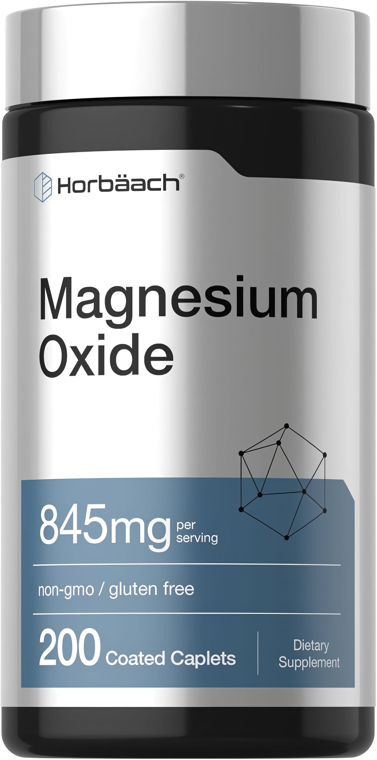 Horbääch Magnesium Oxide 845mg per serving, 200 coated caplets. Non-GMO, gluten-free dietary supplement.