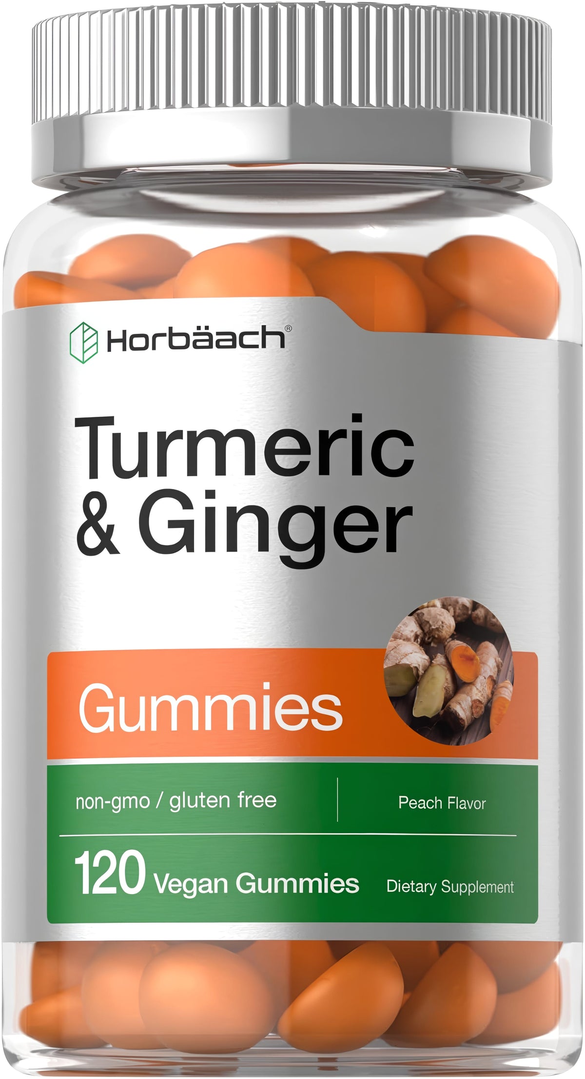 Turmeric & Ginger Gummies: 120 vegan, non-GMO, gluten-free gummies, peach flavor. Dietary supplement.