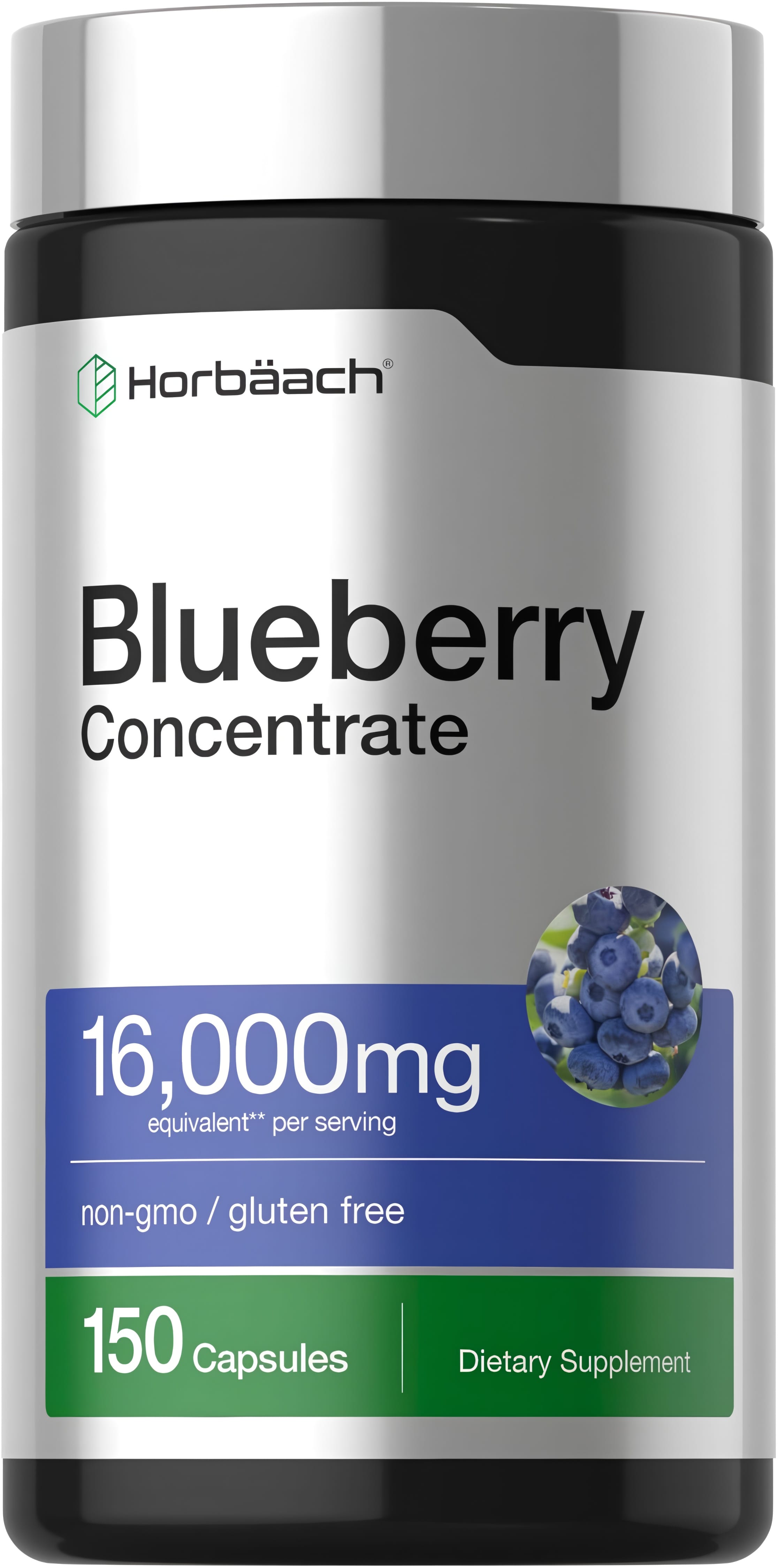 Blueberry Concentrate supplement with 16,000mg equivalent per serving, available in 150 capsules.
