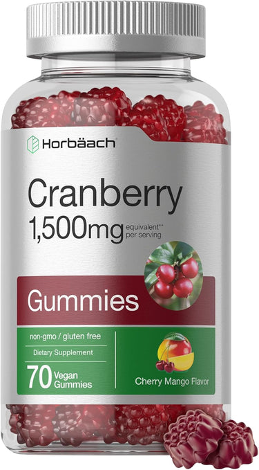 Bottle of Horbaach Cranberry Gummies with red gummy bears and a white label.