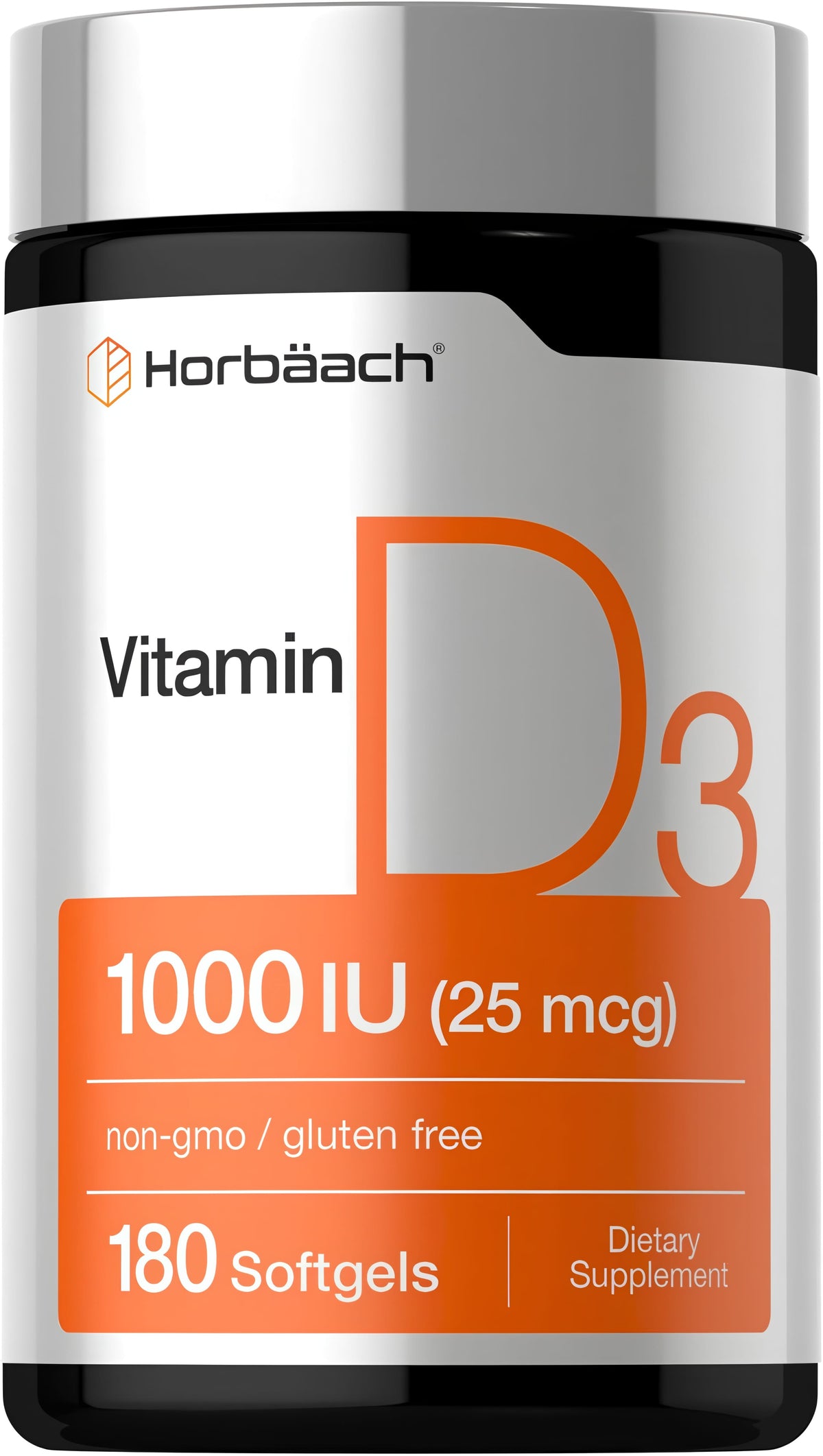 Horbäach Vitamin D3 1000 IU (25 mcg) 180 Softgels, non-GMO, gluten-free dietary supplement bottle.