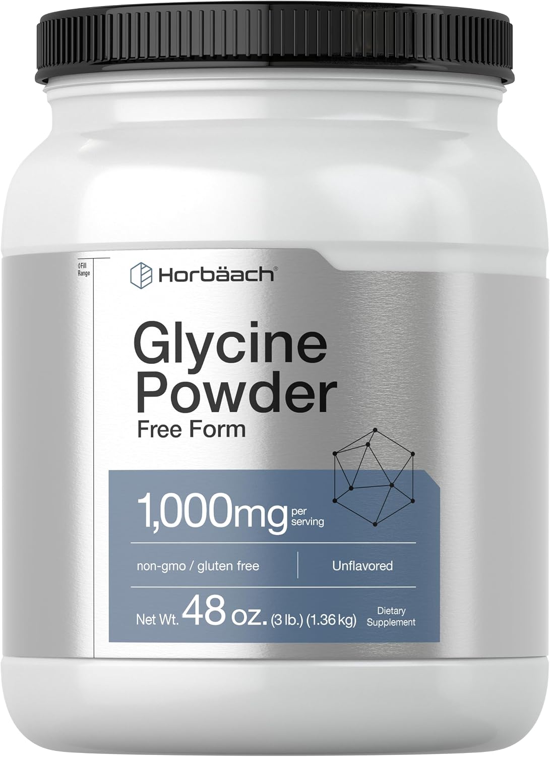 Container of Glycine Powder Free Form, weighing 48 oz (3 lb).