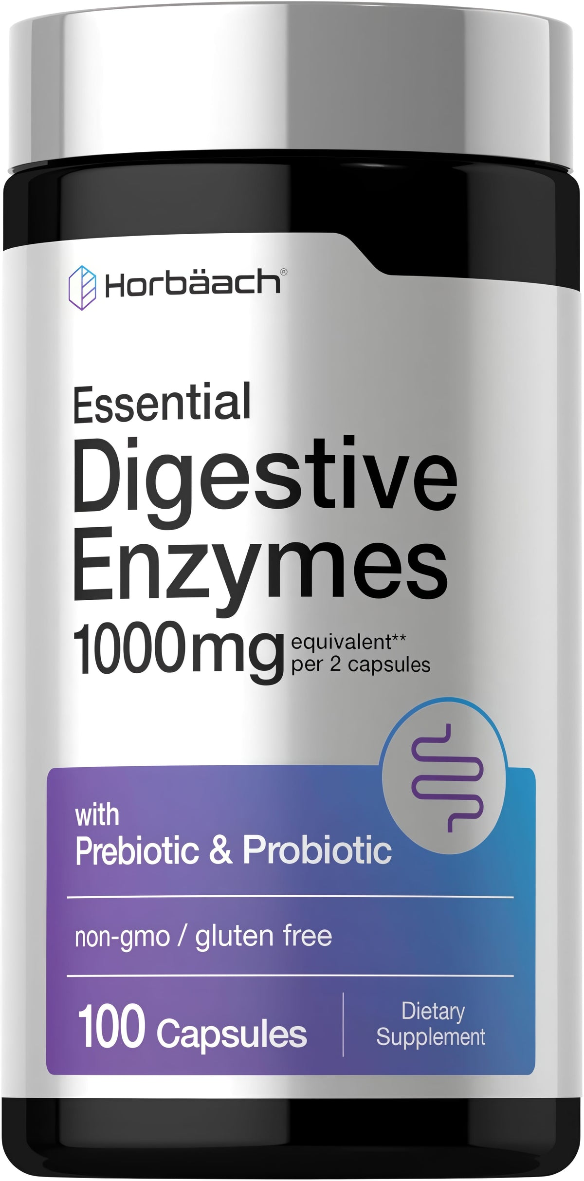 Horbäach Essential Digestive Enzymes 1000mg per 2 capsules, with Prebiotic & Probiotic, 100 Capsules in a bottle.