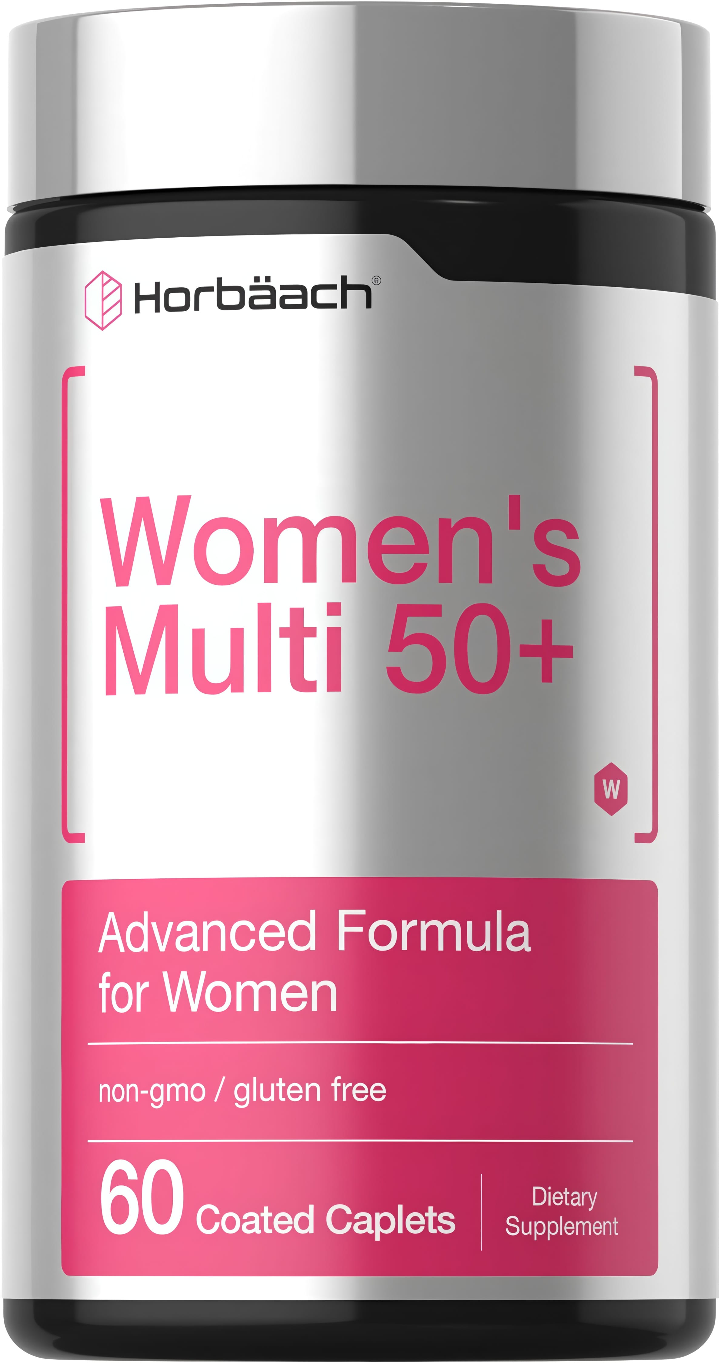 Horbaach Women's Multi 50+ bottle with 60 coated caplets, non-GMO and gluten-free vitamins.